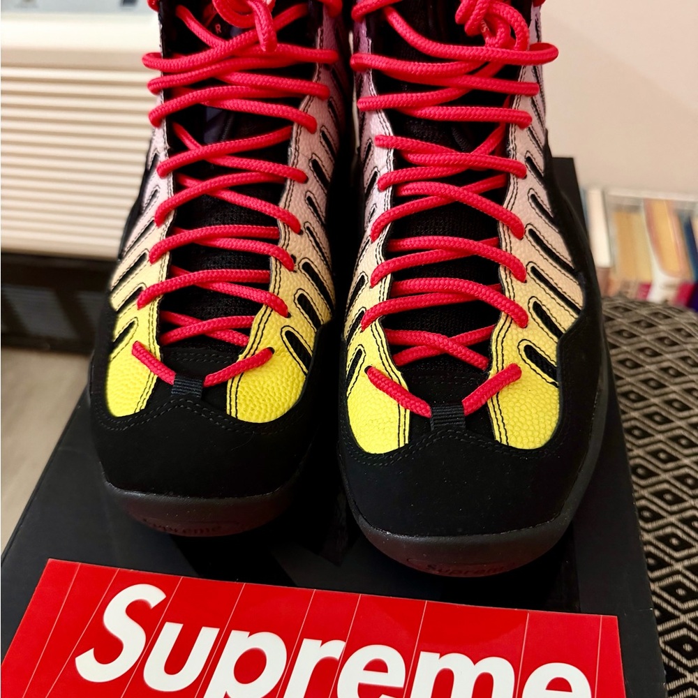 Supreme X Nike Air Bakin Yellow and Black High-Tops with Red Accents